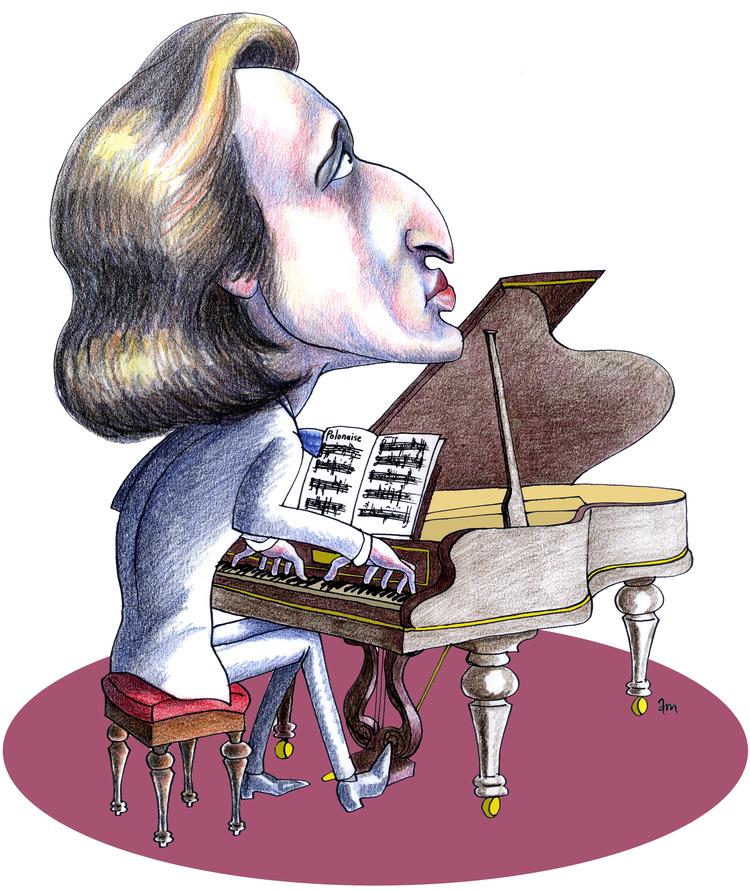 Feminin. Chopin er lige så stort et kulturelt ikon i sit fødeland Polen, som H.C. Andersen er det i Danmark. Tegning: Anne-Marie Steen Petersen. Se tegningen i større udgave nederst. 
