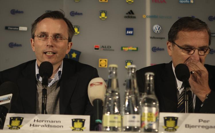 Hermann Haraldsson (t.v) er fortid i Brøndby. Han fik sparket af bestyrelsesformand Per Bjerregaard. Arkivfoto. 