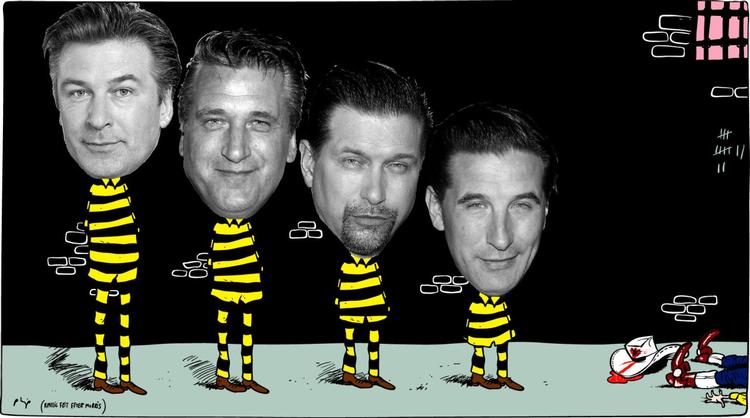 Skandale-familien. Alec, Daniel, Stephen og Billy Baldwin. En brødreflok, der er svær at holde styr på. Tegning: Philip Ytournel 