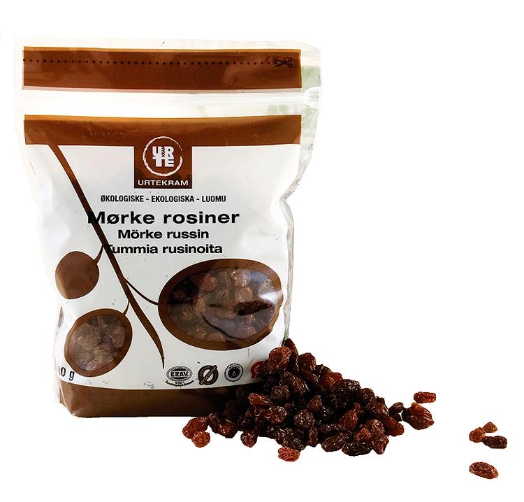Velbekomme. Selv om de både er sunde, gode for miljøet og måske hjælper den tredje verden, kunne disse rosiner godt være pakket lidt pænere ind. Emballagen trænger til en omgang 'extreme makeover'. Foto: Urtekram 