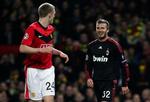 gensyn. David Beckham fik den sidste halve time på banen for Milan i kampen mod Beckhams tidligere hold, Manchester United. 