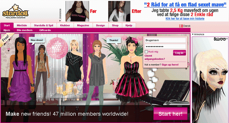 På stardoll.dk møder pigerne blandt andet dette banner, som er en reklame fra 'Frejas Kost Blog'. 