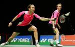 nederlag. Mathias Boe (tv) og Carsten Mogensen kunne ikke helt leve op til formen fra All England, da parret i dag spillede semifinale i Swiss Open. Arkivfoto. 