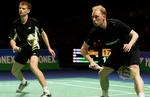 vinderne. Efter at have overlevet fire matchbolde vandt de tidligere verdensmestre Lars Paaske (tv.) og Jonas Rasmussen finalen i herredouble. 