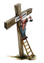 Slagmark. Skandinaviske forfattere som Bjarne Reuter og Jan Guillou giver deres besyv med i fronten mellem ytringsfrihedens bannerførere og krænkede muslimer. Tegning: Roald Als. 