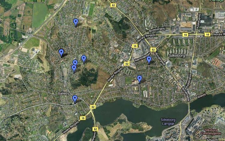 Brandfrygt. En brandstifter har i de seneste to måneder hærget i Balle ved Silkeborg. På billedet her ses nogle af de brande, der ifølge Silkeborg Brandvæsen har været påsat.  Zoom ind nederst i artiklen. 