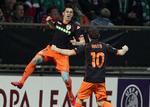 målhumør. David Villa scorede et såkaldt uægte hattrick for Valencia mod Werder Bremen. 