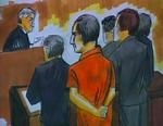 Anklaget. En skitse af den terrorsigtede David  Headley klædt i orange fangedragt foran foran dommer Harry Leinenweber. 