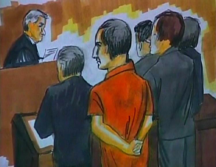 Anklaget. En skitse af den terrorsigtede David  Headley klædt i orange fangedragt foran foran dommer Harry Leinenweber. 