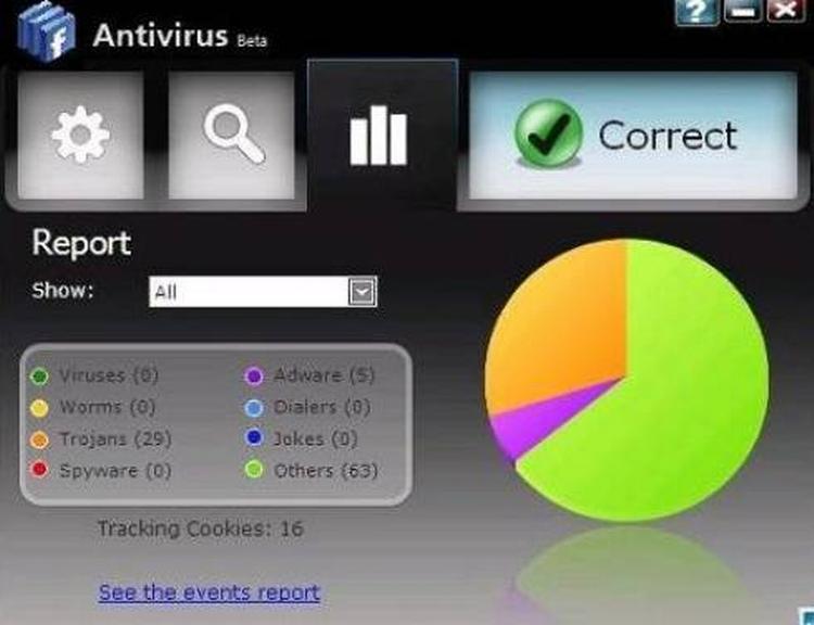 Sådan ser programmet ud, når det påstår at have scannet ends Facebook-profil. Men Facebook-brugerne advares generelt om at undgå programmer, der kalder sig noget i retning af Facebook-antivirus. 