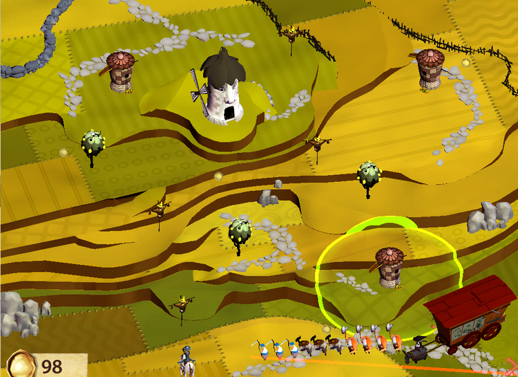 Møllen i midten af banen skal pulveriseres, men vejen dertil er blokeret af spyttende citron-træer og bidske høstakke. 'Don Q' rammer en superb visuel stil, men fejler i gameplayet. 