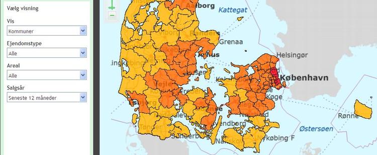 Kortet kan vise salgsprisen på en enkelt ejendom og gennemsnitlige salgspriser for både villaer, rækkehuse, ejerlejligheder, sommerhuse og erhvervsejendomme tilbage til 1992. 
