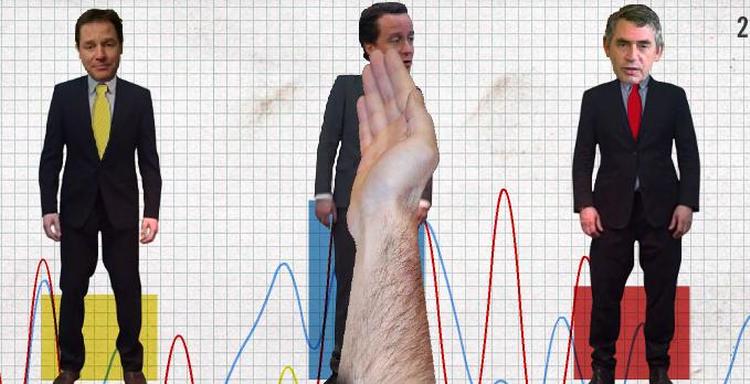 Smæk. Clegg (tv.) fik 341.628 lussinger under aftenens valgdebat i Storbritannien. Flest fik de konservatives leder, David Cameron. 1.486.735 flade blev det til. 