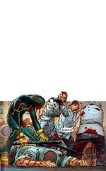 Sådan mener Kick-Ass-forfatteren Mark Millar, at det  ville se ud, hvis en af hans tegneseriehelte forsøgte at stoppe en slåskamp. Illustration: John Romita Jr. 