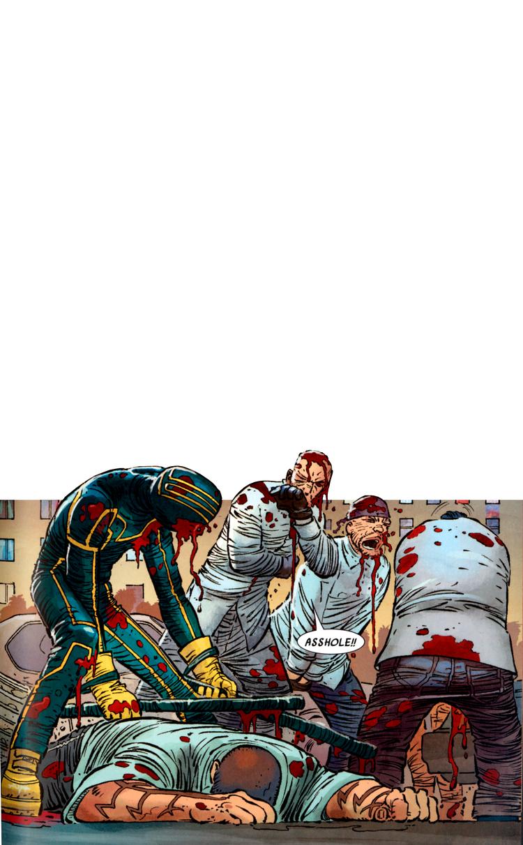 Sådan mener Kick-Ass-forfatteren Mark Millar, at det  ville se ud, hvis en af hans tegneseriehelte forsøgte at stoppe en slåskamp. Illustration: John Romita Jr. 