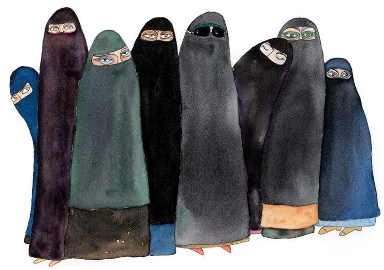 STATUER. Som forvoksede fingerbøl kigger nogle af sheikens 117 koner ud på læseren. Tegning af Antonieta Medeiros til 'Det store kamelvæddeløb' 