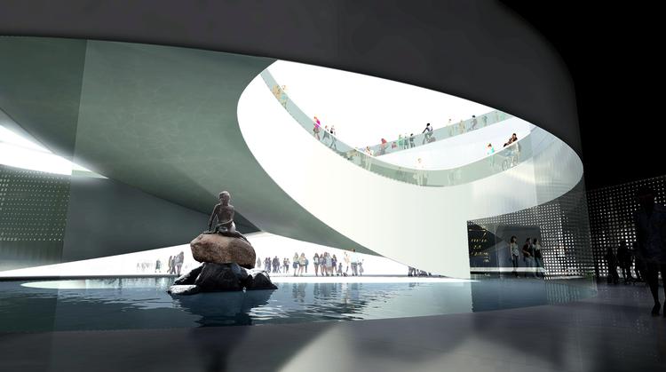 Under sit ophold i Kina kommer Den Lille Havfrue til at sidde i den danske pavillon, som er Danmarks bidrag til verdensudstillingen i Shanghai, Expo 2010. Grafik: Arkitektfirmaet BIG. 