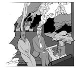 Vulkansky. »...og så sad jeg dér i spisevognen og tænkte, at ungarsk gullaschsuppe i et nattog til Berlin egentlig ikke er det værste, man har, fortæller Bjørn Bredal. Tegning: Per Marquard Otzen 