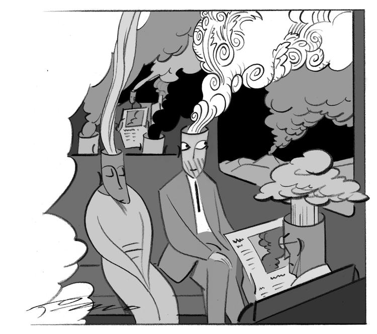 Vulkansky. »...og så sad jeg dér i spisevognen og tænkte, at ungarsk gullaschsuppe i et nattog til Berlin egentlig ikke er det værste, man har, fortæller Bjørn Bredal. Tegning: Per Marquard Otzen 