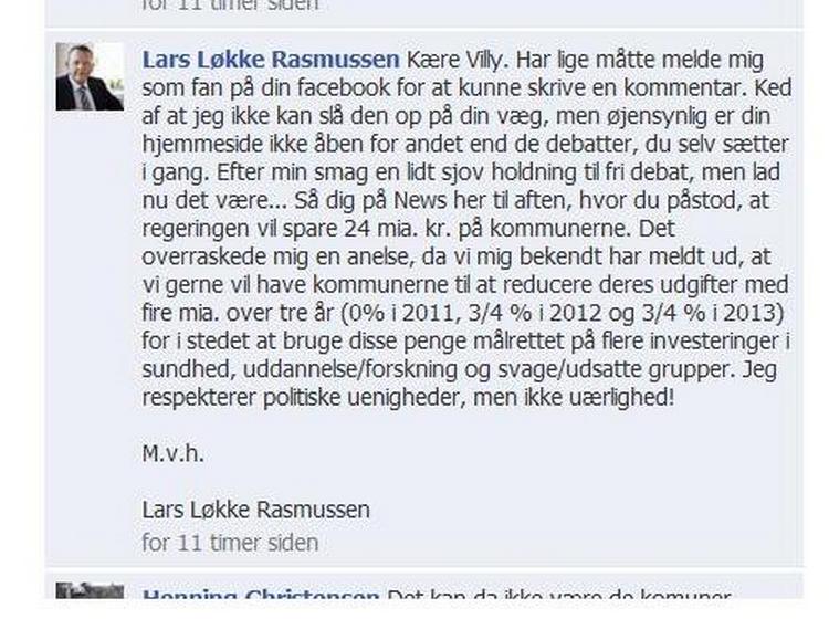 Uenig. Statsministeren har fattet den elektroniske pen på Villy Søvndals Facebook-profil. Screendump fra Facebook. 