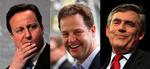 Hverken David Cameron, Nick Clegg eller Gordon Brown ser ud til at få det valgresultat, de havde ønsket sig. 