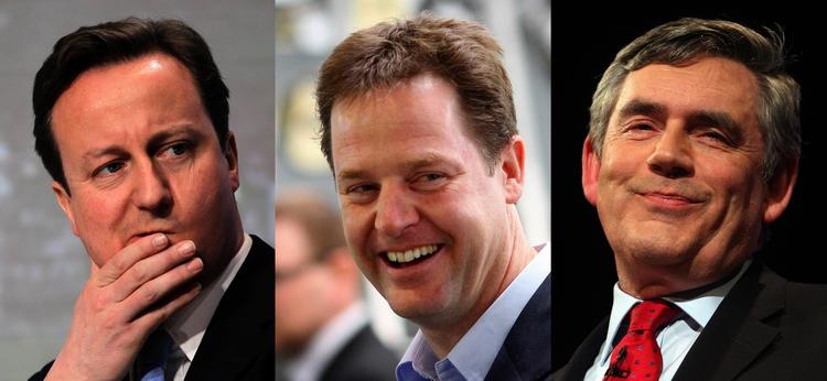 Hverken David Cameron, Nick Clegg eller Gordon Brown ser ud til at få det valgresultat, de havde ønsket sig. 