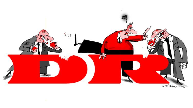 Medieforhandling. Hvordan skal den statsautoriserede public service se ud? Skal private medievirksomheder også kunne gnave af bunken med licenskroner? Tegning: Jørn Villumsen 
