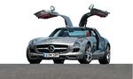 Opad. Med dørene klappet op måler Mercedes SLS ca. 1,50 meter i højden. Dørene trækkes op og i manuelt. En elmotor vil veje for meget, mener  fabrikken. 