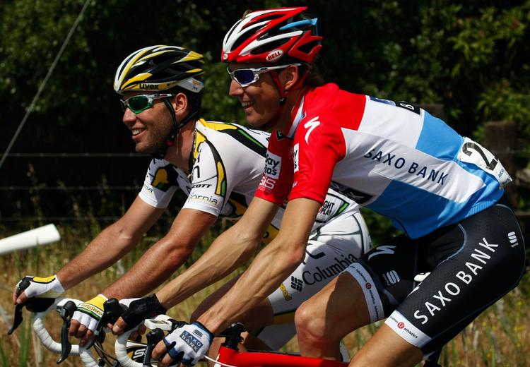 Andy Schleck (th.) sammen med Mark Cavendish under første etape af Tour of California. 