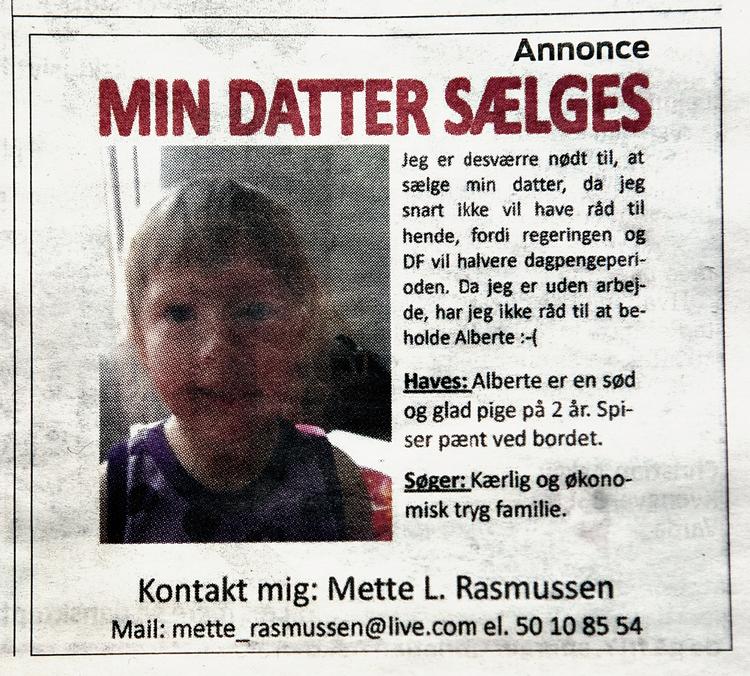 Udsalg. Pigen går for højeste bud. men ikke i virkeligheden. Annoncen er DSU's protest mod regeringens og DFs reform af kontanthjælpen. 