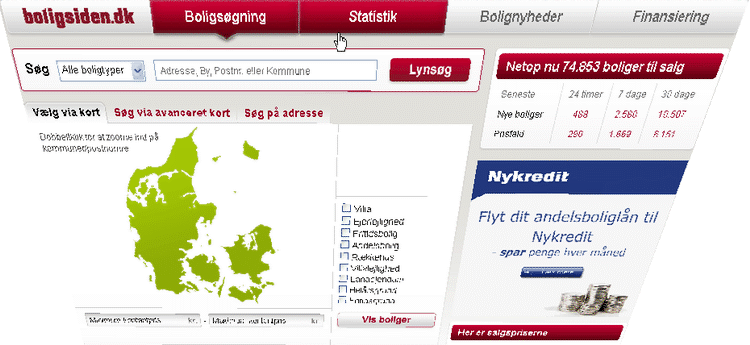 Screendump fra boligsiden.dk, der er ejendomsmæglernes egen boligportal. 