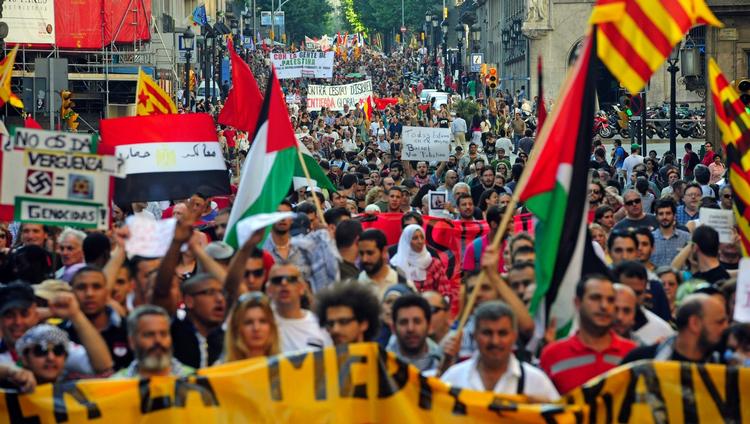 Protest: Her er demonstranterne mod Israels politik i Gaza på gaderne i Barcelona. 