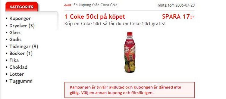 Sådan ser rabatkupontilbuddet fra CocaCola ud på kupong.se's hjemmeside. Klikker du på den, får du en stregkode eller talkode ned, som du kan vise i de butikker, kuponen gælder til. 