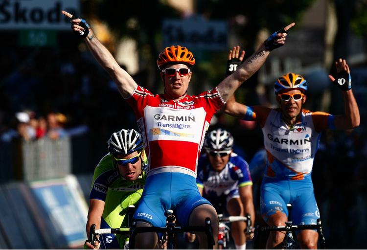 sprinter. Tyler Farrar under en af de to sejrsscener ved Giro d'Italia. Arkivfoto. 