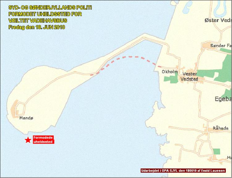 Police map showing Mandø. The star shows the approximate point of the accident. Rescue services from Denmark and Germany are taking part in operations. 
