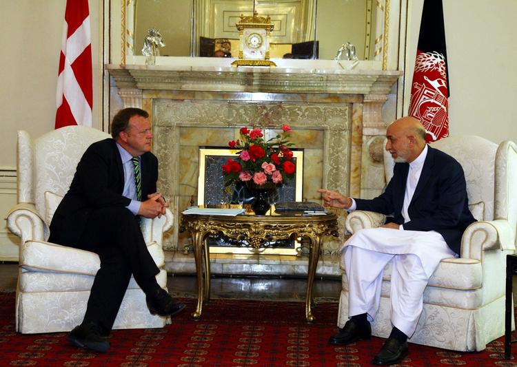 Gæst. Lars Løkke Rasmussen på besøg hos Afghanistans præsident, Hamid Karzai, i dag. 
