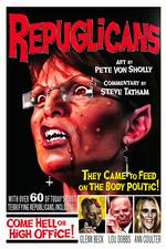 Grovkornet. 'Repuglicans: They Came to Feed on the Body Politic' er titlen på en bog, der går i kødet på Sarah Palin, der bliver afbildet som en dæmon med blodet dryppende ud af munden, spidse ører og ildrøde øjne. Foto af forsiden 