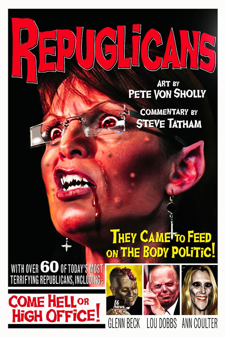 Grovkornet. 'Repuglicans: They Came to Feed on the Body Politic' er titlen på en bog, der går i kødet på Sarah Palin, der bliver afbildet som en dæmon med blodet dryppende ud af munden, spidse ører og ildrøde øjne. Foto af forsiden 