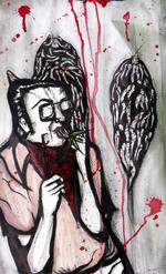 selvdestruktiv. Frances Bean Cobain henter sin inspiration hos en masturberende punker på soloudstillingen 'Scumfuck'. Se billedet i større udgave nederst i artiklen. Illustration: Frances Bean Cobain. 