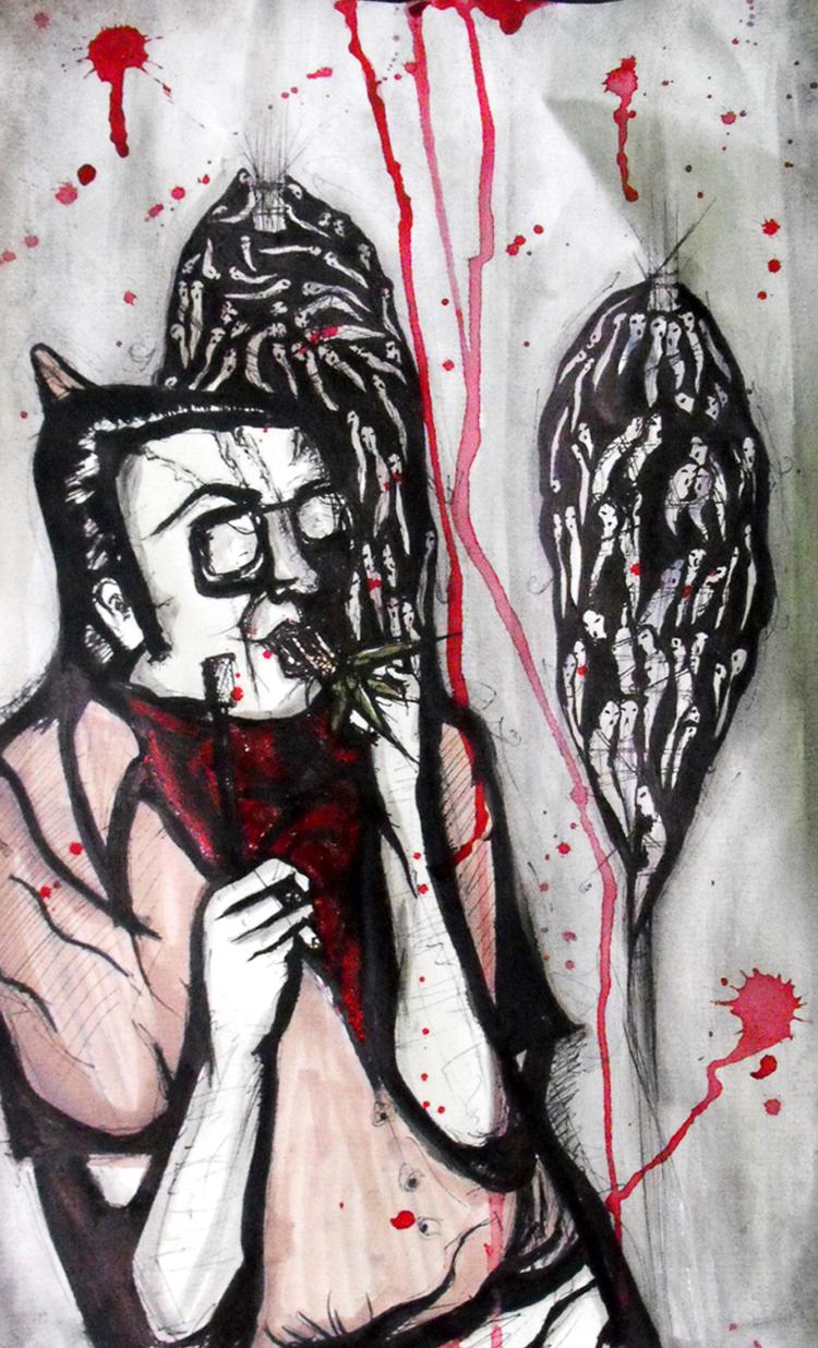 selvdestruktiv. Frances Bean Cobain henter sin inspiration hos en masturberende punker på soloudstillingen 'Scumfuck'. Se billedet i større udgave nederst i artiklen. Illustration: Frances Bean Cobain. 