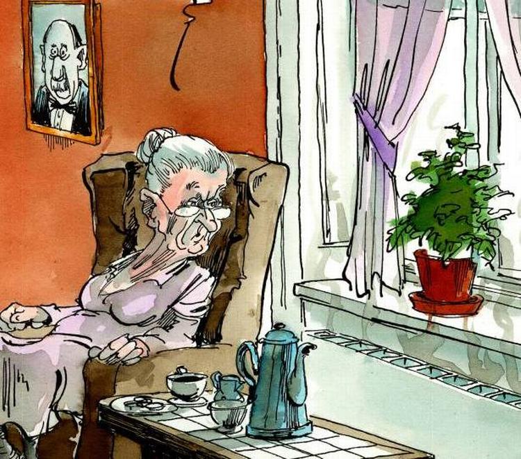 »Endelig gør han en lille smule gavn«. Tegning: Roald Als