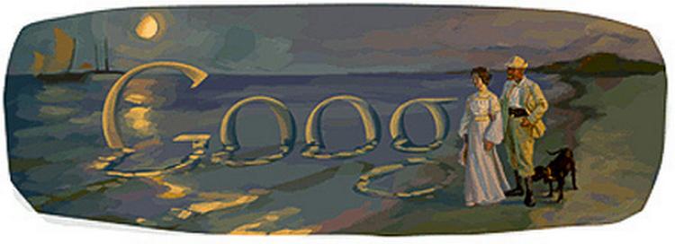 Skagen. Krøyers originalbillede er blevet tilsat Googles logo, der er ved at synke i havet. 