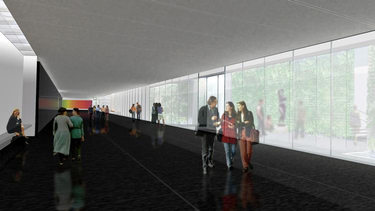 Håndmalet. En grafisk fremstilling af Olafur Eliassons regnbue for enden af den underjordiske tunnel, besøgende skal igennem, for at komme frem til forhallen. 