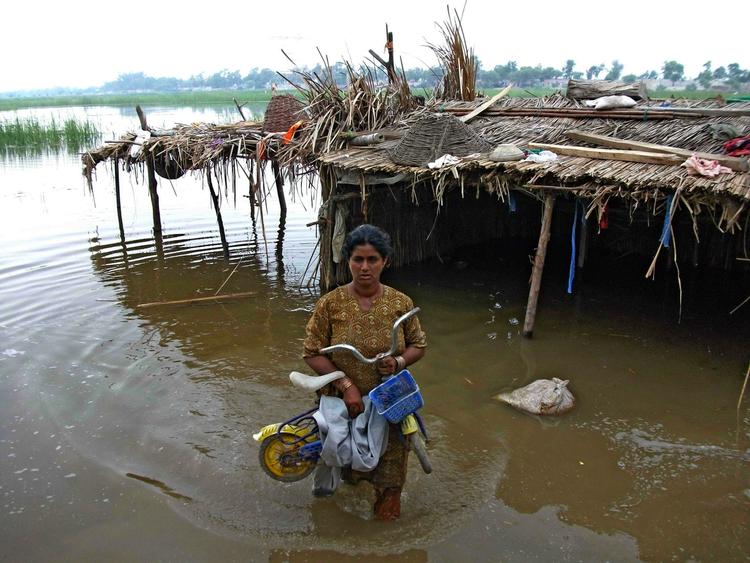 vandmasser. En pakistansk kvinde udenfor sin oversvømmede hytte i Dera Ghazi Khan i Punjab-provinsen i Pakistan. 