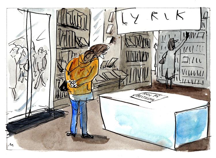 Det er første gang i Danmark, at et af de store forlag udgiver en digtsamling uden at trykke et førsteoplag. Forlaget kalder det et eksperiment. Tegning: Mette Dreyer 