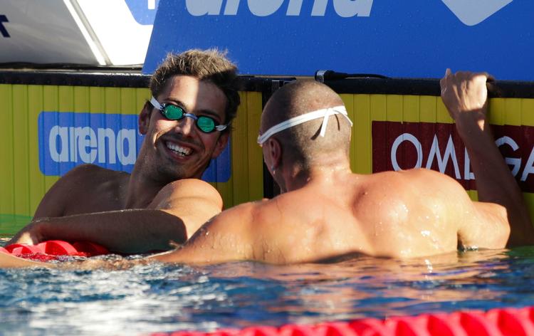 Raketterne. Semifinalens to hurtigste i mændenes 50 meter butterfly var den soanske verdensrekordholder Rafael Munoz Perez (tv.) og franske Fredrick Busquets (th.), der henviste Jakob Andkjær til tredjepladsen i aftenens anden semifinale. 