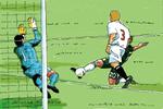 Action. Luke Sommersfield fra Plymouth Argyle scorer til 1-0. Tegning: Chris Robinson 