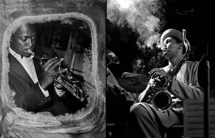 Legendefotos. Han tog billeder af en jazzæra. Nu er fotografen Herman Leonard død. Til venstre er det Miles Davis i 1949 på jazzklubben Birdland i New York, og til højre er det Dexter Gordon på klubben Royal Roost i 1948. Også i New York. 