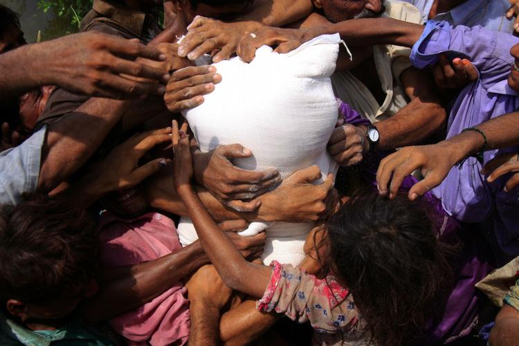 overlevelse. Ofre for oversvømmelserne i Pakistan kæmper om en sæk mel i byen Khangarh nær Multan. 
