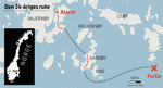 OVERLEVELSE. Her ses den rute, som Søren Thuesen tilbagelagde for at redde sig selv og de fem andre danskere, der kæntrede i en båd i Norge. 